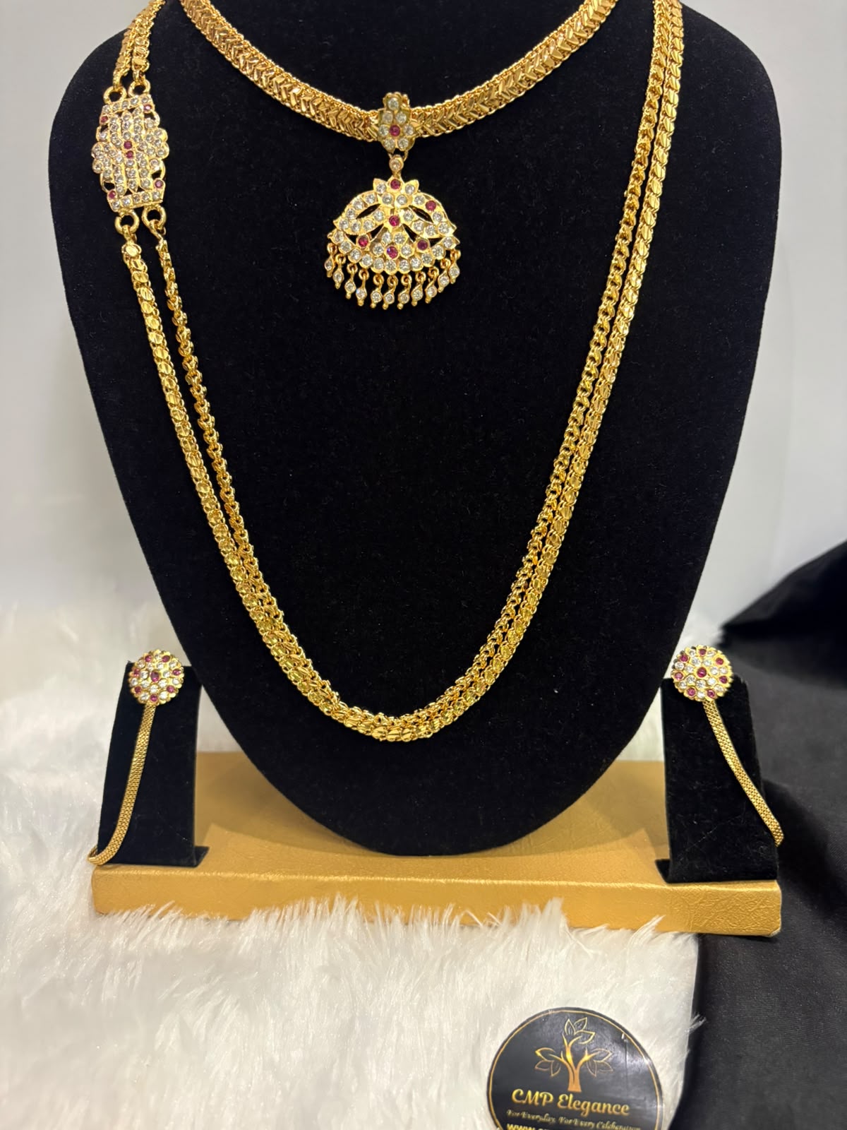Impon Panchalogha Polished Stone Mugappu Combo Set with Attigai, Earrings & Micro Mattal – CMP261353 - Image 2
