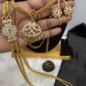 Impon Panchalogha Polished Stone Mugappu Combo Set with Attigai, Earrings & Micro Mattal – CMP261353