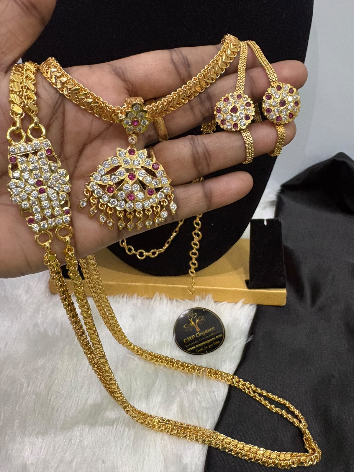 Impon Panchalogha Polished Stone Mugappu Combo Set with Attigai, Earrings & Micro Mattal – CMP261353