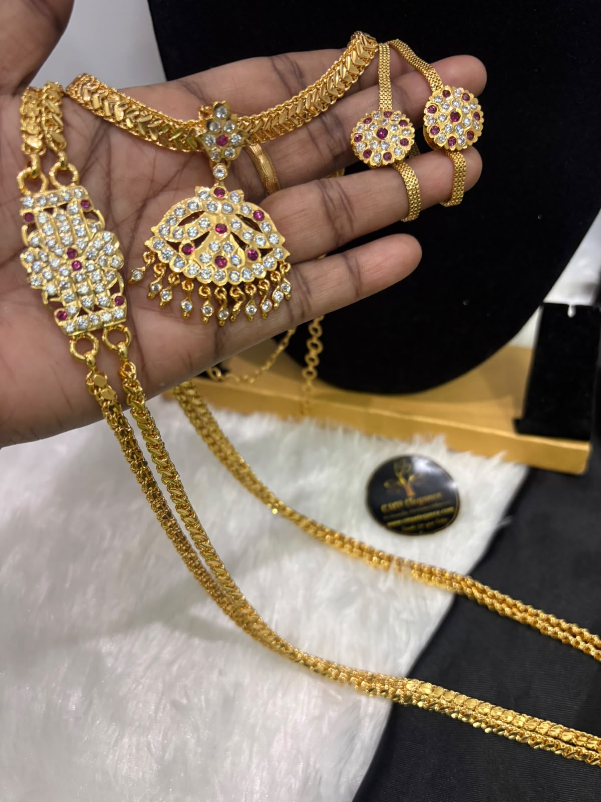 Impon Panchalogha Polished Stone Mugappu Combo Set with Attigai, Earrings & Micro Mattal – CMP261353 - Image 3