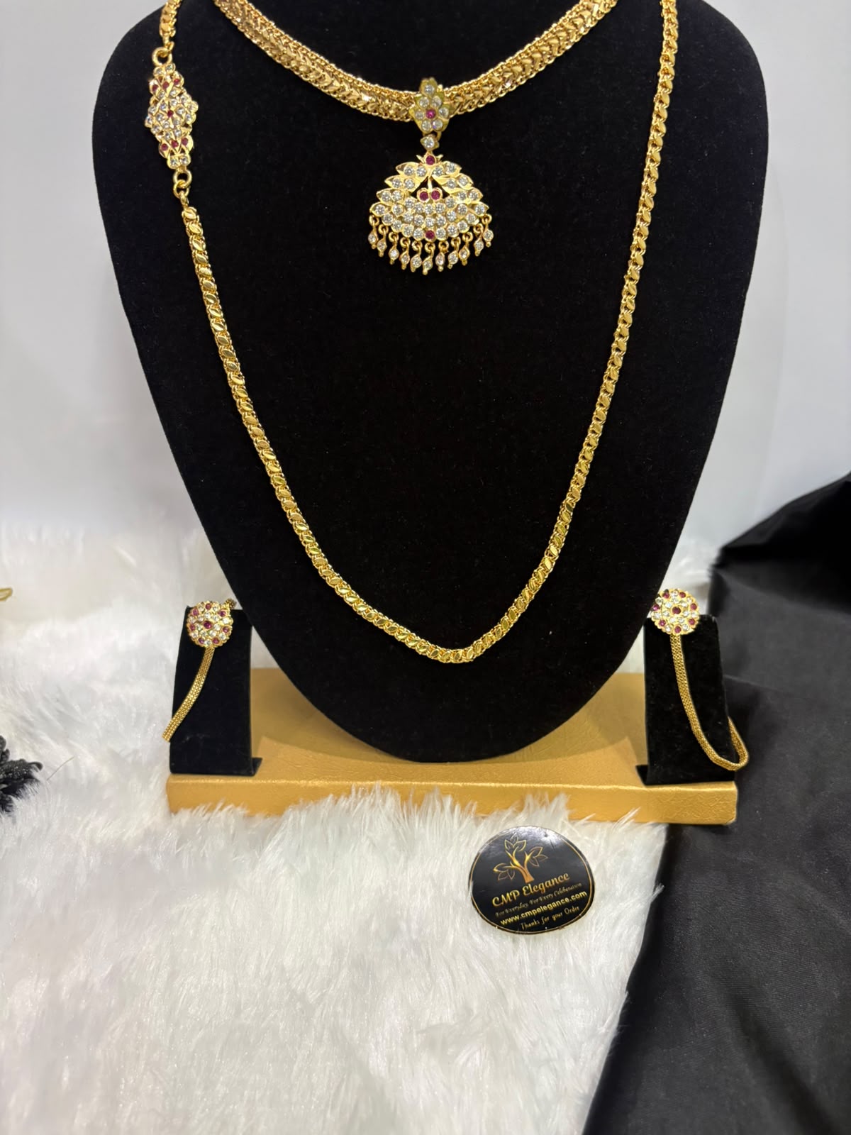 : Impon/Panchalogha Polished Single-Line Mugappu, Stoned Attigai & Earrings Combo – CMP261360 - Image 2