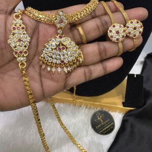 : Impon/Panchalogha Polished Single-Line Mugappu, Stoned Attigai & Earrings Combo – CMP261360