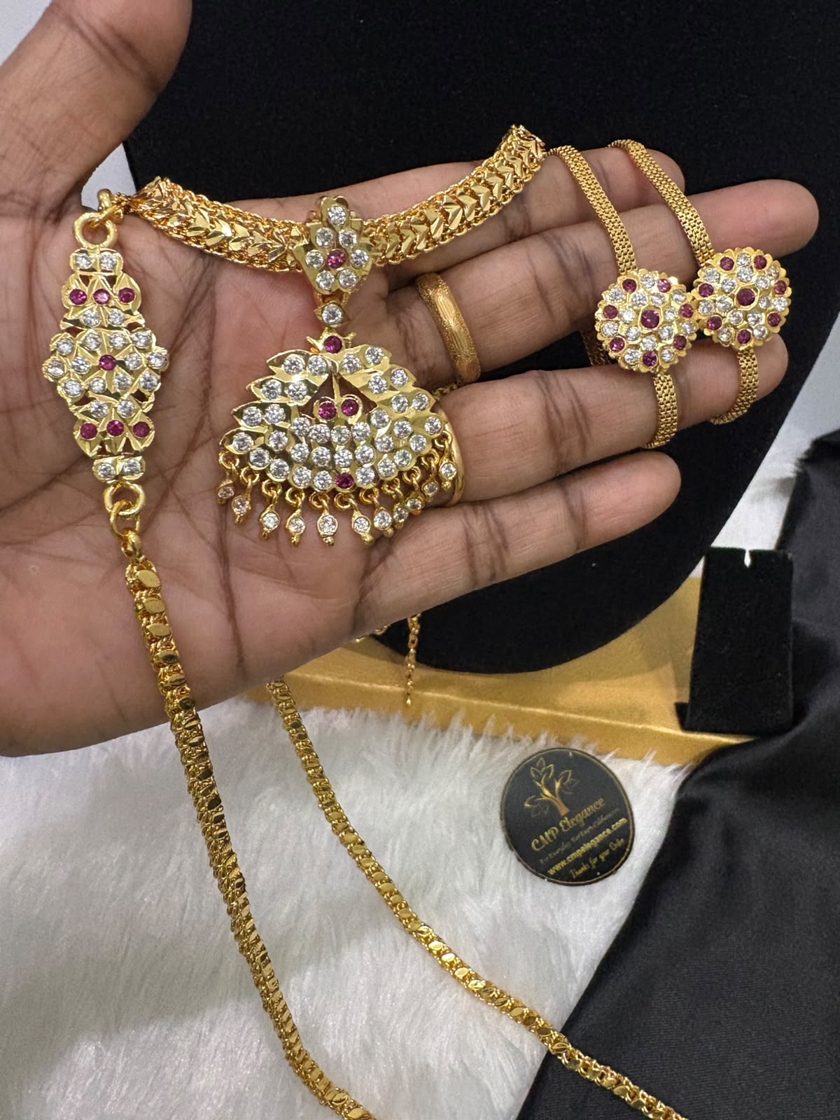 : Impon/Panchalogha Polished Single-Line Mugappu, Stoned Attigai & Earrings Combo – CMP261360